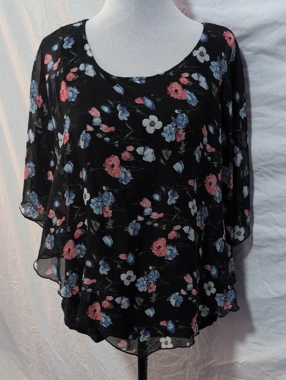 AB Studio Black Floral Layered Scoop Neck Blouse with Blue & Pink Flowers